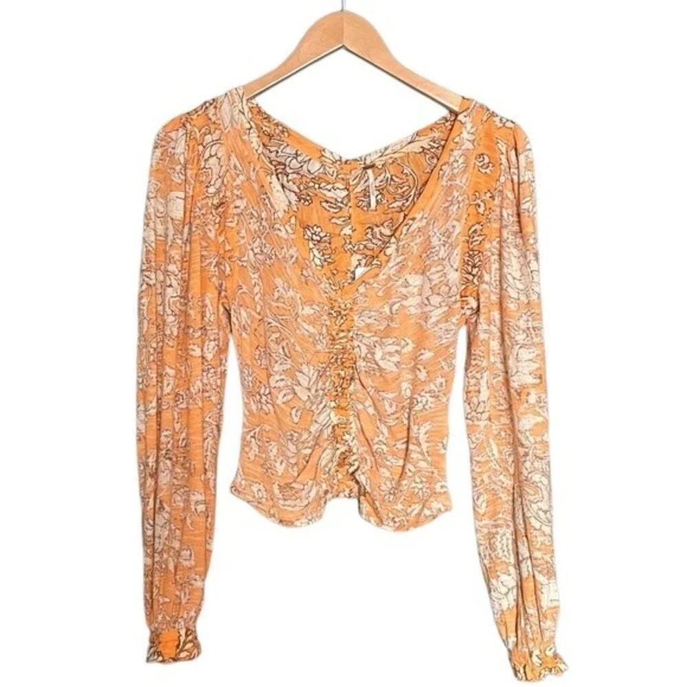 NWT Free People Shirt Say The Word Tee Long Sleeve Floral Ruched Top Size XS NEW